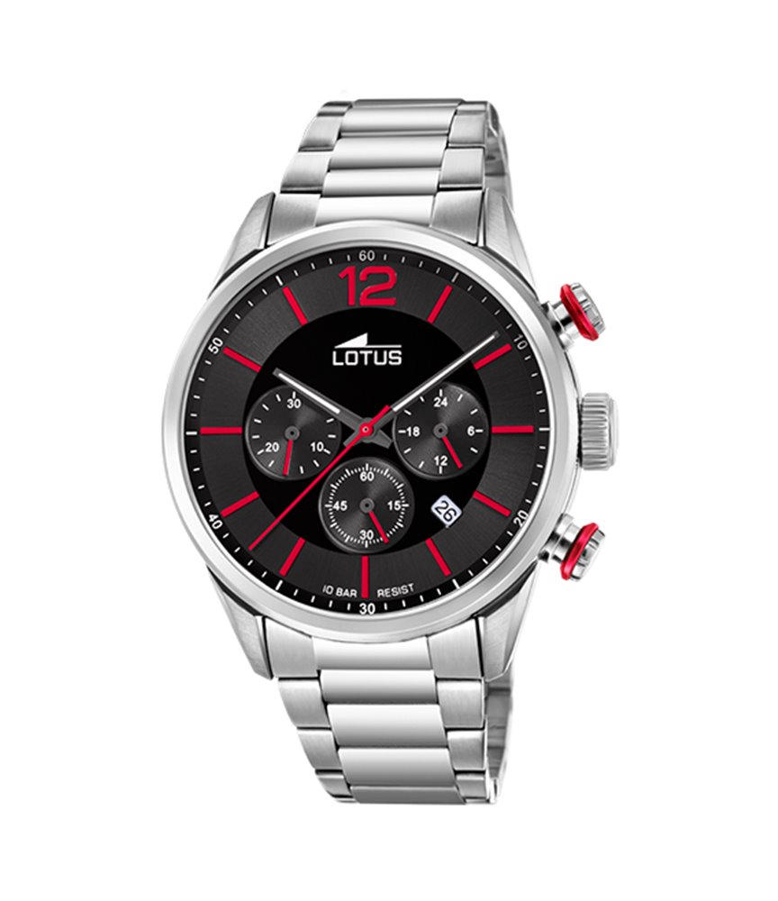 Montre Lotus homme acier cadran noir index rouge chrono 18688/6