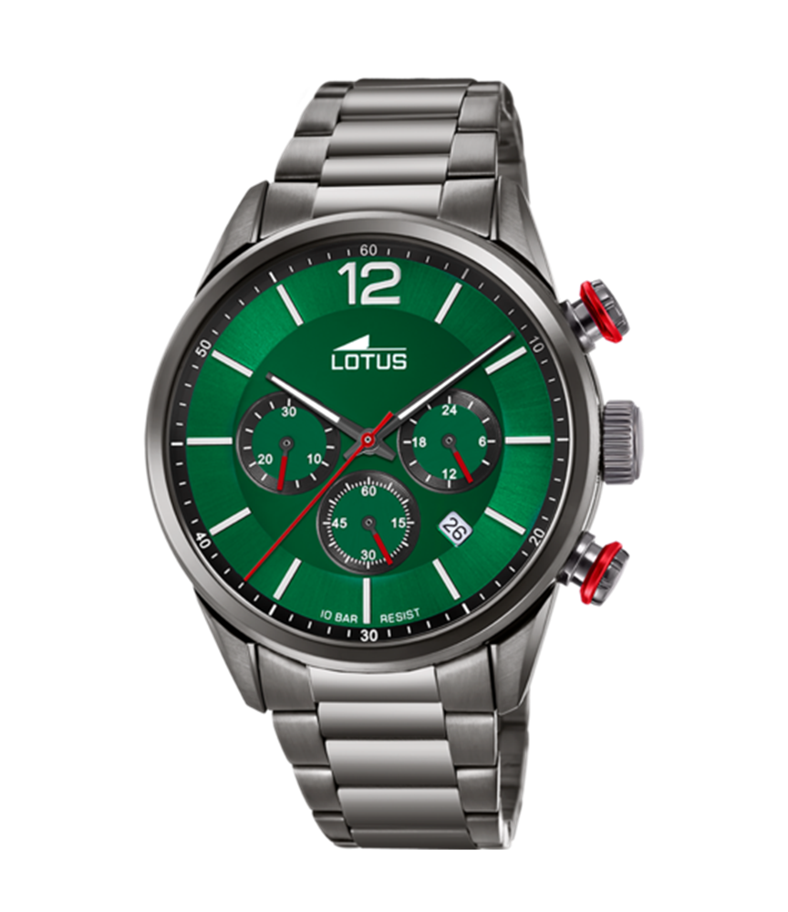 Montre lotus homme chronographe bracelet acier noir cadran vert