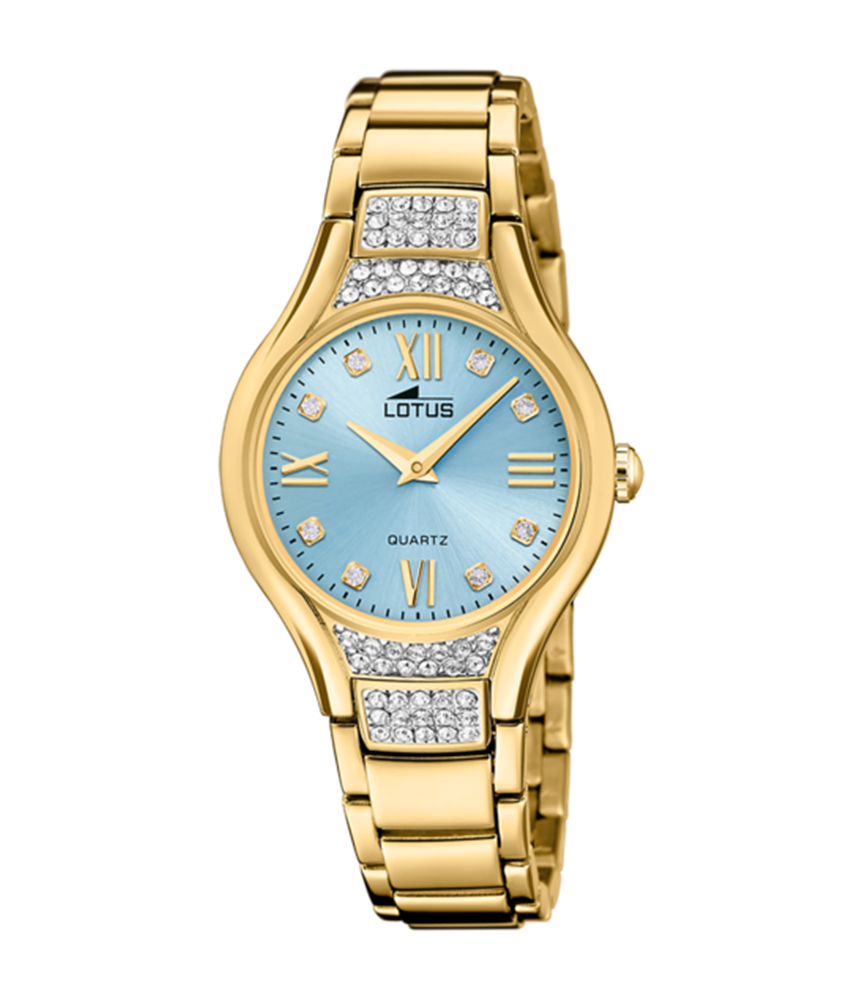 Montre Lotus dame acier doré cadran bleu ciel strass