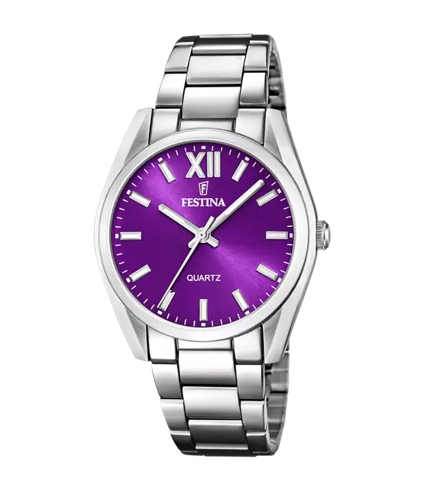 Montre femme bracelet métal fond violet